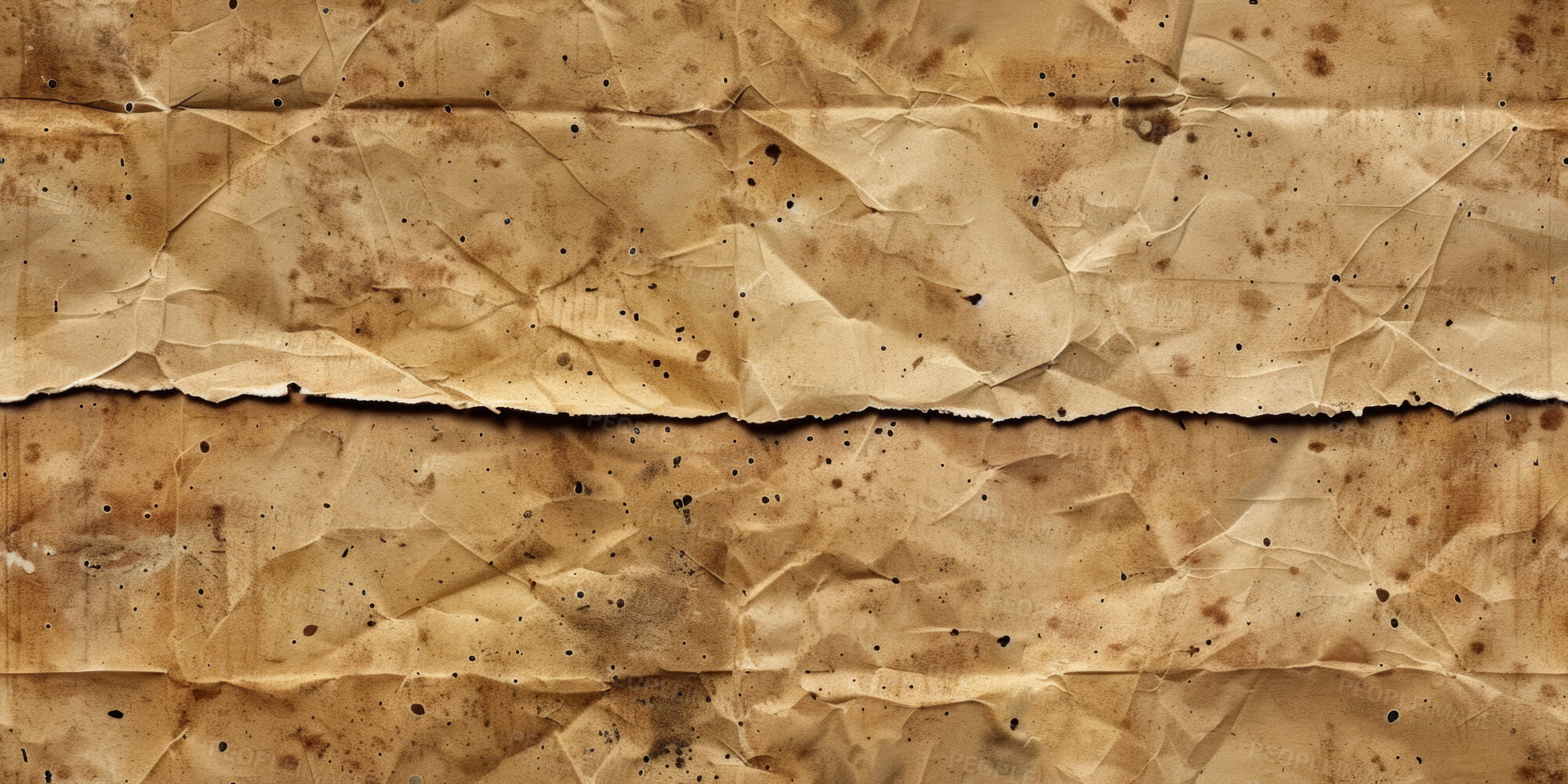 Buy stock photo Distressed, old and brown paper with textures for old letter, ink stains and abstract background with mockup. Space, fold lines and ancient parchment with ripped edge and dirty for handmade book