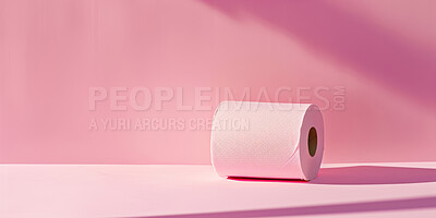 Pink toilet paper, roll and art in studio with color, design or product for hygiene by wall background. Tissue, cleaning and mockup space for sustainable manufacturing, eco friendly material or wipes