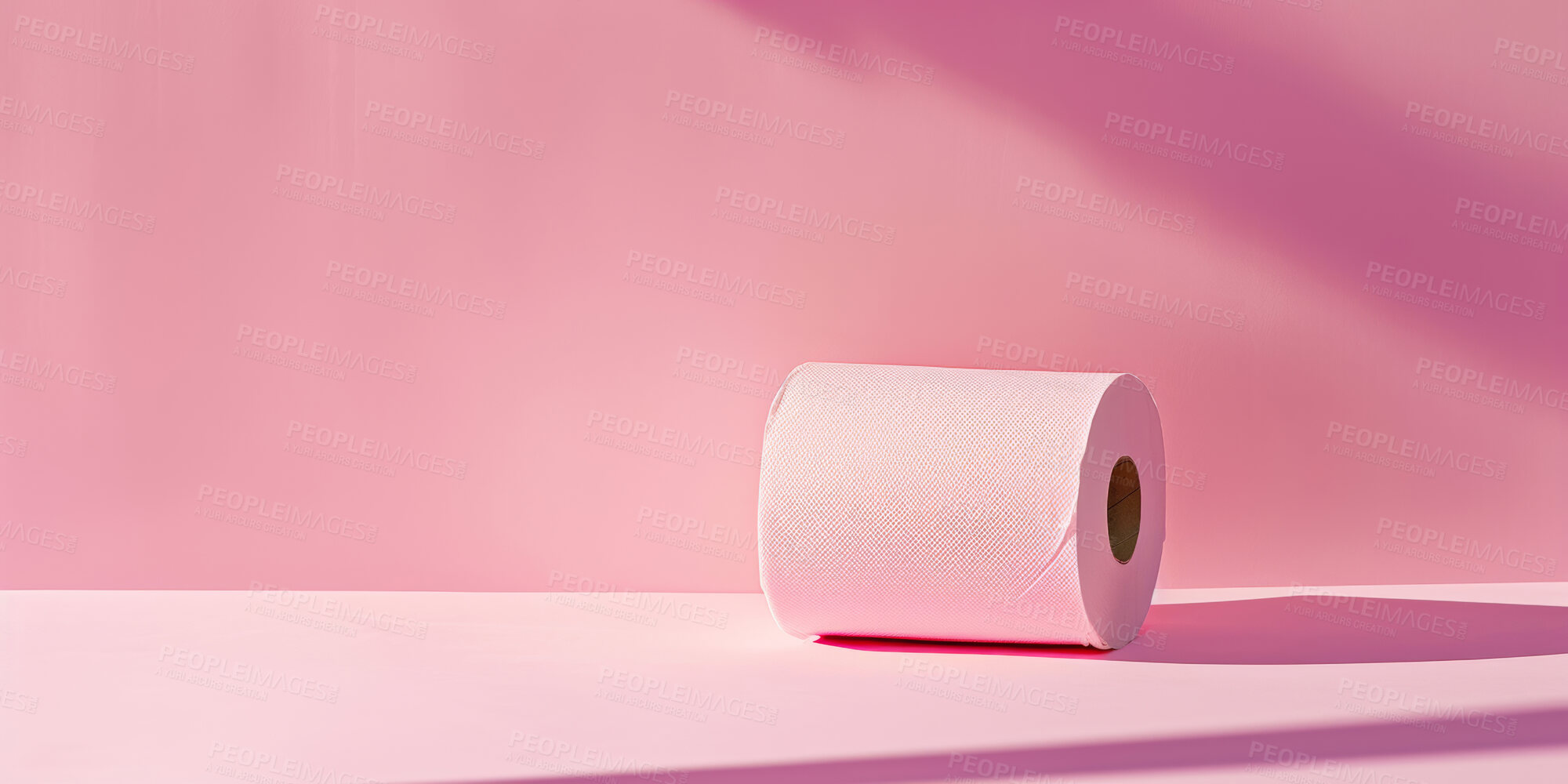 Buy stock photo Pink toilet paper, roll and art in studio with color, design or product for hygiene by wall background. Tissue, cleaning and mockup space for sustainable manufacturing, eco friendly material or wipes
