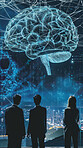 Ai, brain and people of business, technology  and web for map of cloud computing, networking and futuristic. City, science and colleagues with connection, internet and machine of overlay of interface