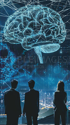 Ai, brain and people of business, technology and web for map of cloud computing, networking and futuristic. City, science and colleagues with connection, internet and machine of overlay of interface