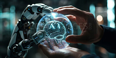 Robot, palm and ai brain in hand for future technology with cyborg, humanoid and algorithm development. Android, hologram and machine with automation, innovation and risk of singularity for human
