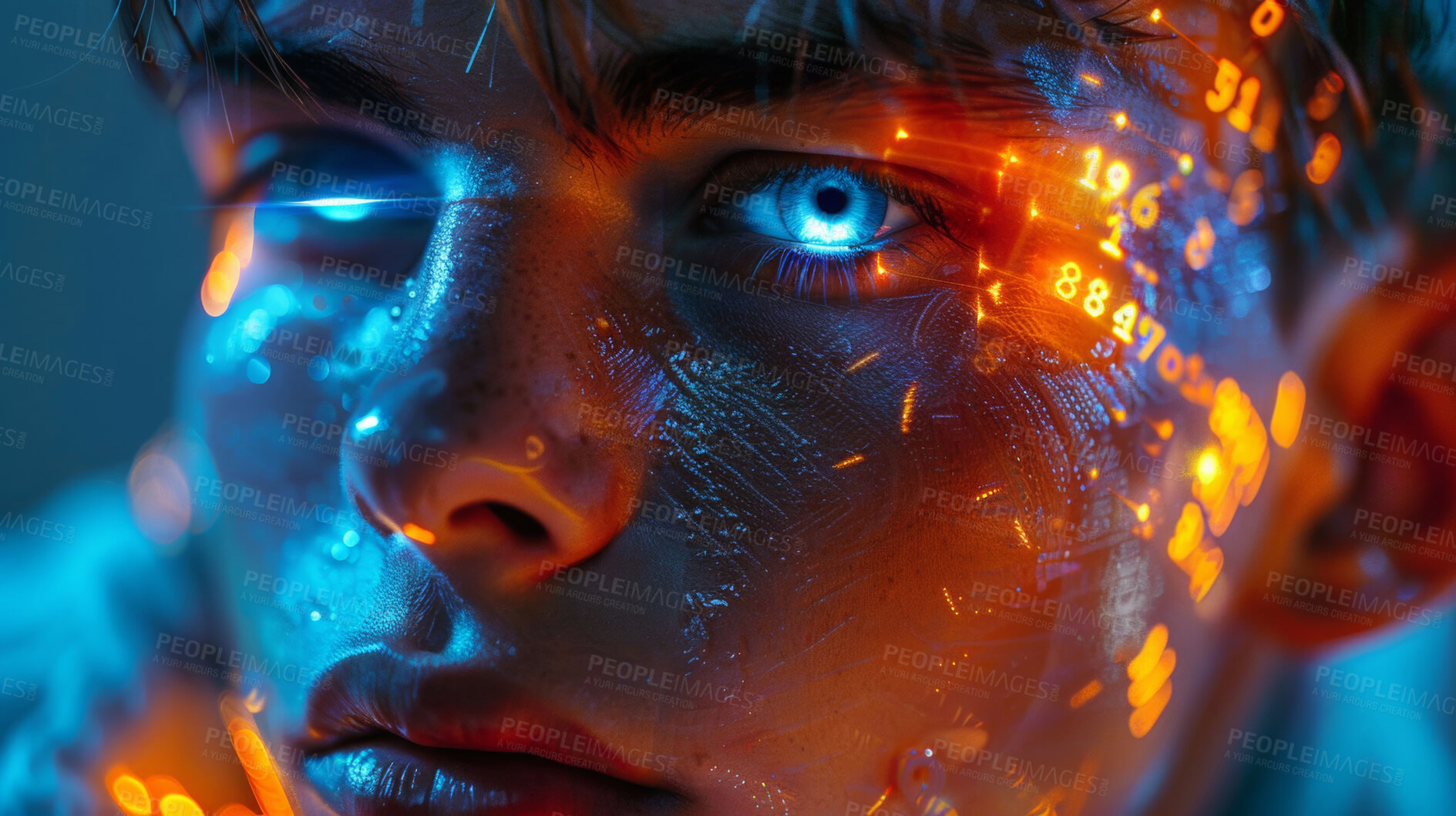 Buy stock photo Ai, futuristic and abstract with eyes, portrait and scifi in technology for innovation, person and cyberpunk. Creative, digital transformation and humanoid for security and character of machine