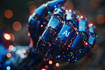 Robot, hand and ai for future technology or innovation with cyborg, humanoid and algorithm. Android, fist and cognitive machine with automation, job displacement and risk of singularity for humans