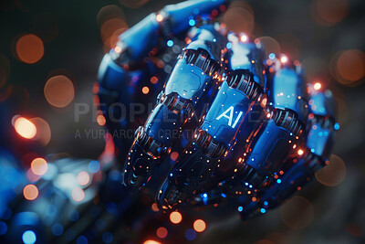 Buy stock photo Robot, hand and ai for future technology or innovation with cyborg, humanoid and algorithm. Android, fist and cognitive machine with automation, job displacement and risk of singularity for humans