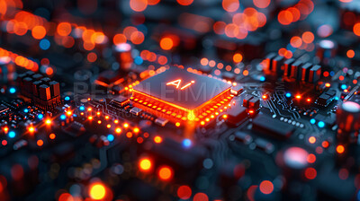 Abstract, AI and circuit board with futuristic technology for connectivity, innovation and digital transformation with electricity. Electronics, computer and microchip system with hardware drive