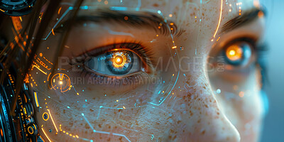 Buy stock photo Ai, futuristic and robot with eyes, abstract and scifi in technology for innovation, overlay and cyberpunk. Creative, digital transformation and humanoid for security, virtual and character of cyborg