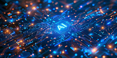 Buy stock photo Abstract, AI and circuit board with futuristic technology for connectivity, innovation and digital transformation with electricity. Electronics, computer and microchip system with hardware drive