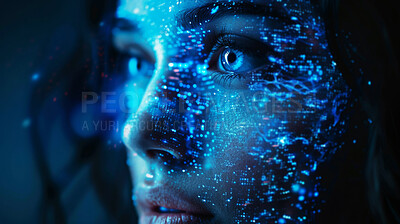 Girl, future technology and hud on face for ai, machine learning or sci fi with interface. High tech, programming and female person with digital transformation, biometrics for cyber security