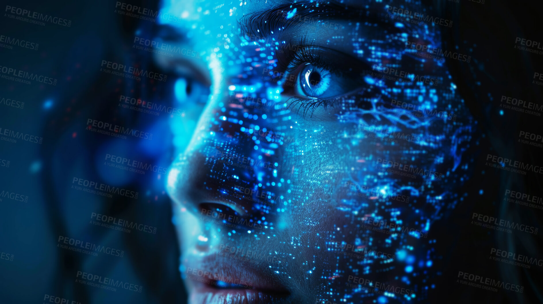 Buy stock photo Girl, future technology and hud on face for ai, machine learning or sci fi with interface. High tech, programming and female person with digital transformation, biometrics for cyber security