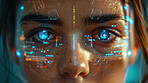 Woman, futuristic and technology to scan face for security, hud and ai with machine learning from sci fi interface. Portrait, female person with high tech for biometric, cybersecurity with id metrics