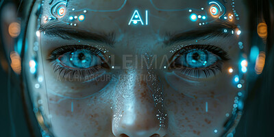 Buy stock photo Ai, futuristic and robot with eyes, portrait and scifi in technology for innovation, overlay and cyberpunk. Creative, digital transformation and humanoid for security, virtual and character of cyborg