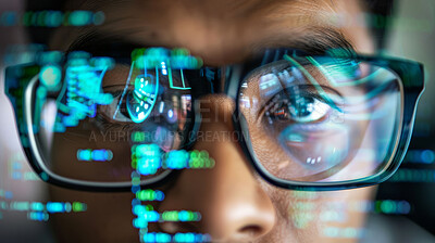 Buy stock photo Person, face and web designer for coding overlay, software development and fixing glitch on server in glasses. Programmer, cloud computing or cyber security with tech for protection and data security