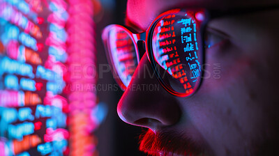 Man, programmer and glasses with reflection of coding, script and html for update on glitch with digital design. Web developer, male person and cyber security for data protection of company database