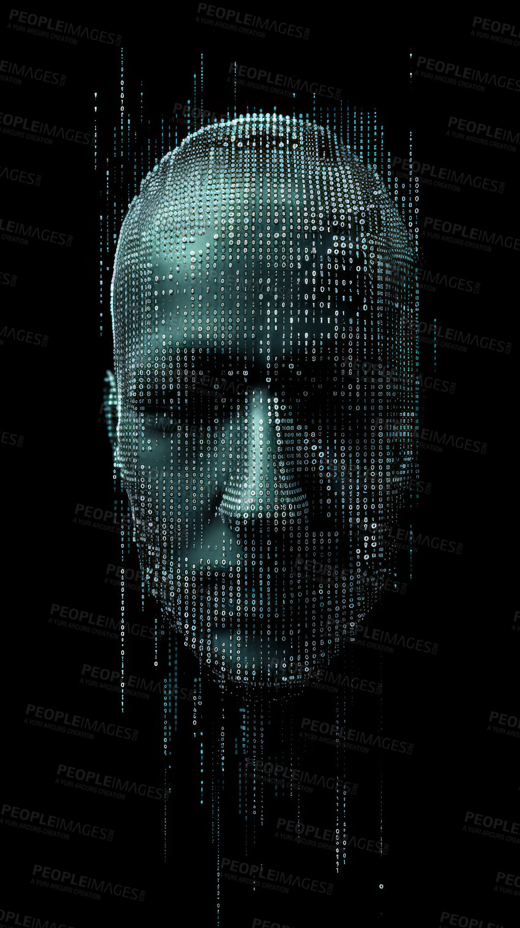 Buy stock photo Abstract, man and coding with technology for face of empowerment with creative expression, digital and big data. Woman, black background and programming for artificial life, evolution and algorithm