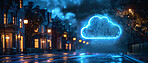 Town, internet and night with connectivity, cloud computing and technology abstract for communication online. Technology, connection and street with cyberspace and digital innovation for connectivity