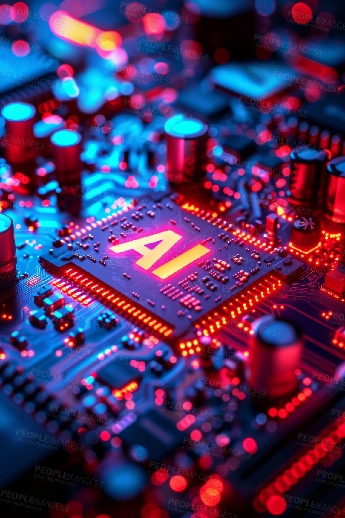 Buy stock photo Abstract, AI and circuit board with connectivity for futuristic technology, innovation and digital transformation closeup. Electronics, computer and microchip system with hardware drive or server