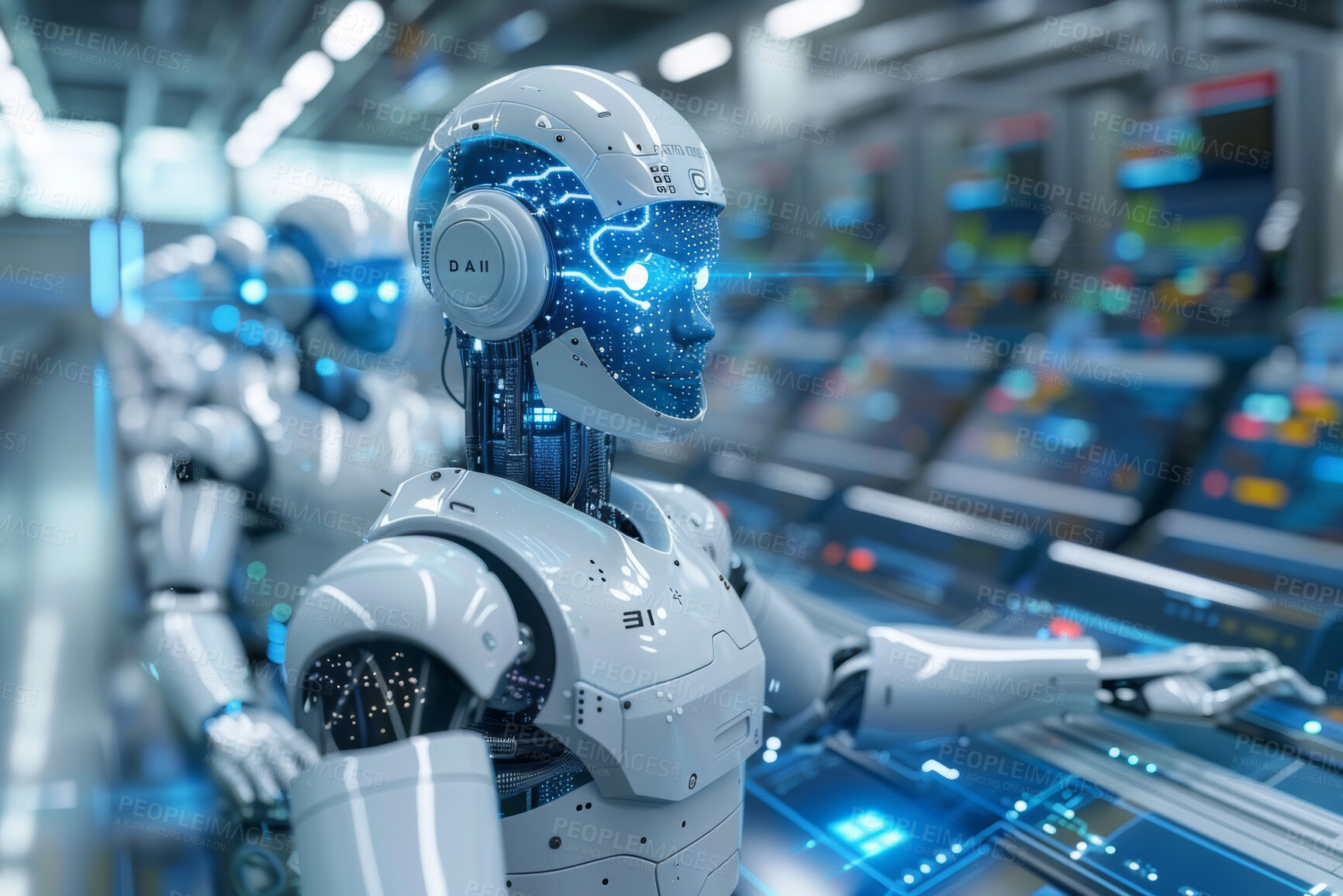 Buy stock photo Robot, automation and machine with futuristic industry with advanced technology for robotics. Adaptive learning, data science and model in production line with neural networks or algorithm in factory