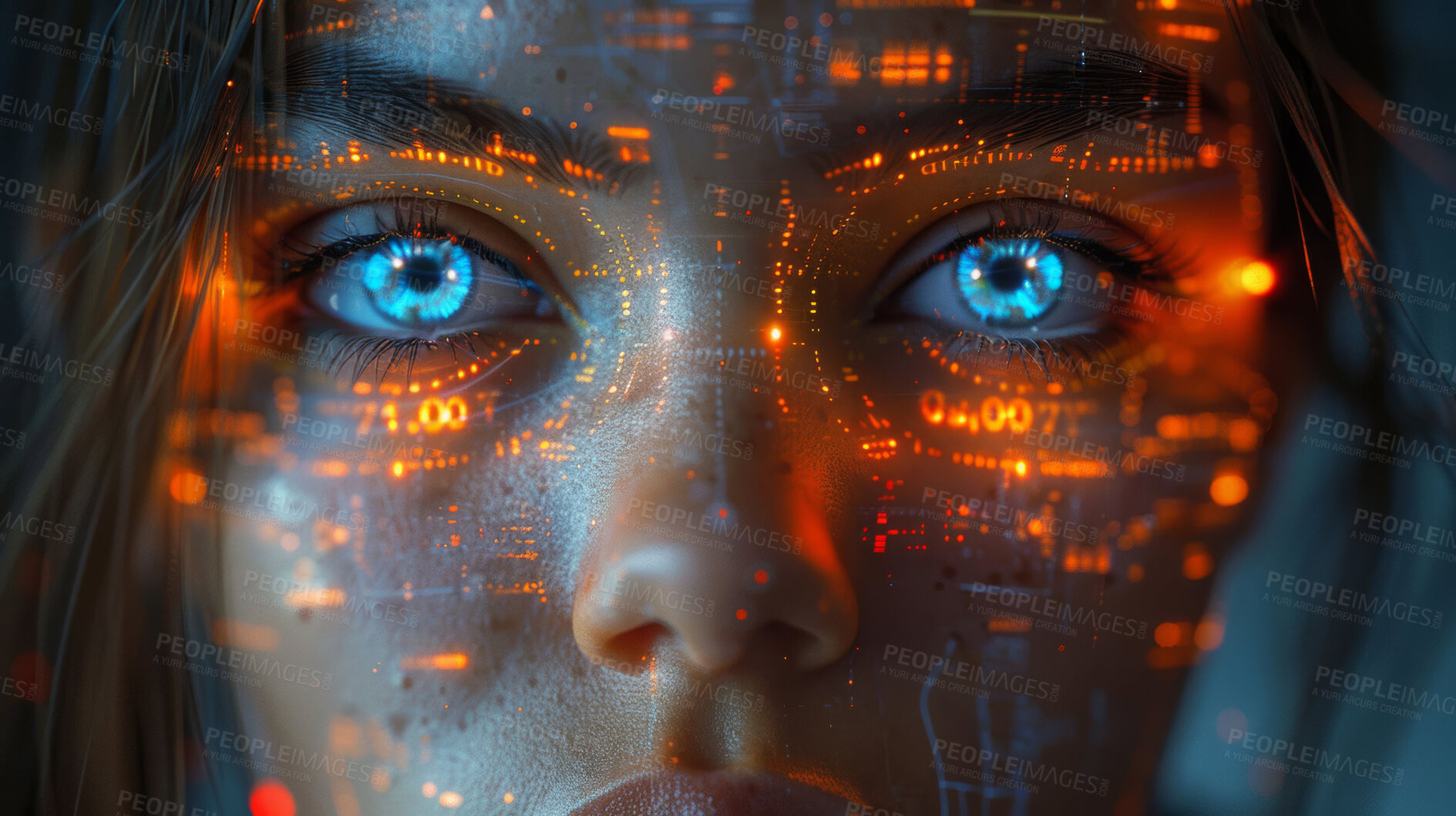 Buy stock photo Girl, futuristic and technology with hud on face for ai, machine learning or sci fi with interface. High tech, portrait and female person with digital transformation, biometrics for cyber security