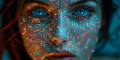 Girl, futuristic and technology with hud on face for ai, machine learning or electronic with interface. High tech, portrait and female person with digital transformation, biometrics for cybersecurity