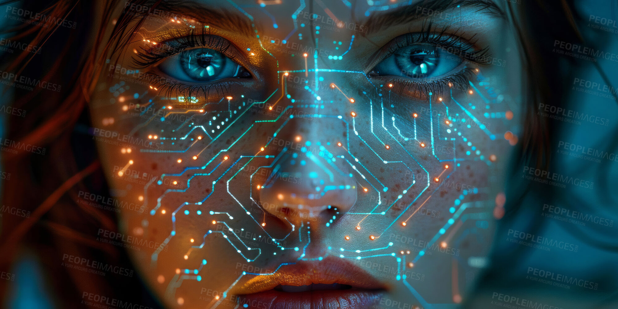 Buy stock photo Girl, futuristic and technology with hud on face for ai, machine learning or electronic with interface. High tech, portrait and female person with digital transformation, biometrics for cybersecurity