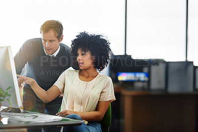 Buy stock photo Computer, collaboration or question with employee and mentor in office together for discussion. Business, coaching and planning with manager talking to person in workplace for learning or teamwork