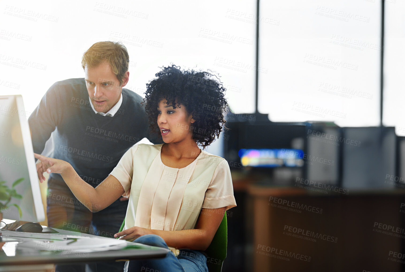 Buy stock photo Computer, collaboration or question with employee and mentor in office together for discussion. Business, coaching and planning with manager talking to person in workplace for learning or teamwork