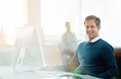 Buy stock photo Business man, computer and portrait as financial advisor or online accounting budget analyst, investment or economy. Male person, face and desk for sales research or loan advice, insurance or trust