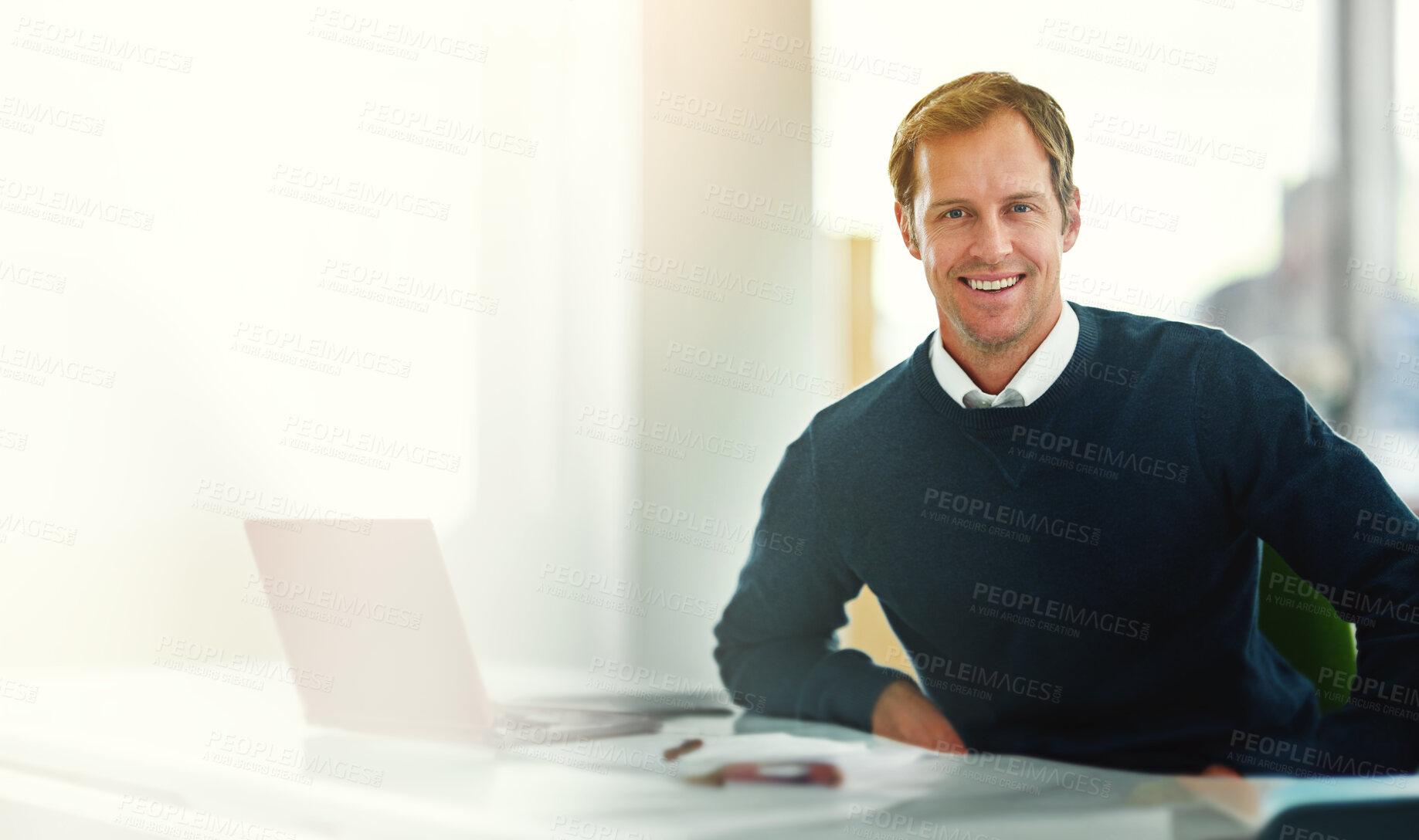 Buy stock photo Portrait, business and man with laptop, smile and insurance consultant with internet in modern office. Face, person or employee with computer, compliance officer or risk management with claim analyst