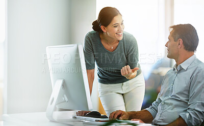 Buy stock photo Computer, training or smile with employee and mentor in office together for discussion. Business, teamwork and question with manager coaching person in workplace for development, learning or support