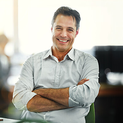 Buy stock photo Mature, business and portrait of happy man with arms crossed, smile or confidence in startup company. Boss, male director or proud manager ready for project development for growth in office workplace