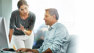 Buy stock photo Computer, explain or training with employee and mentor in office together for discussion. Business, coaching and question with manager talking to person in workplace for learning or support of team