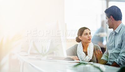 Buy stock photo Collaboration, explain or planning with employee and mentor in office together for discussion. Coaching, computer and training with manager talking to business person in workplace for learning