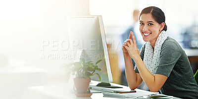 Buy stock photo Office, computer and portrait of woman with smile for digital article, research and communication. Journalist, employee and female person with desktop at work for editing, review or email of feedback