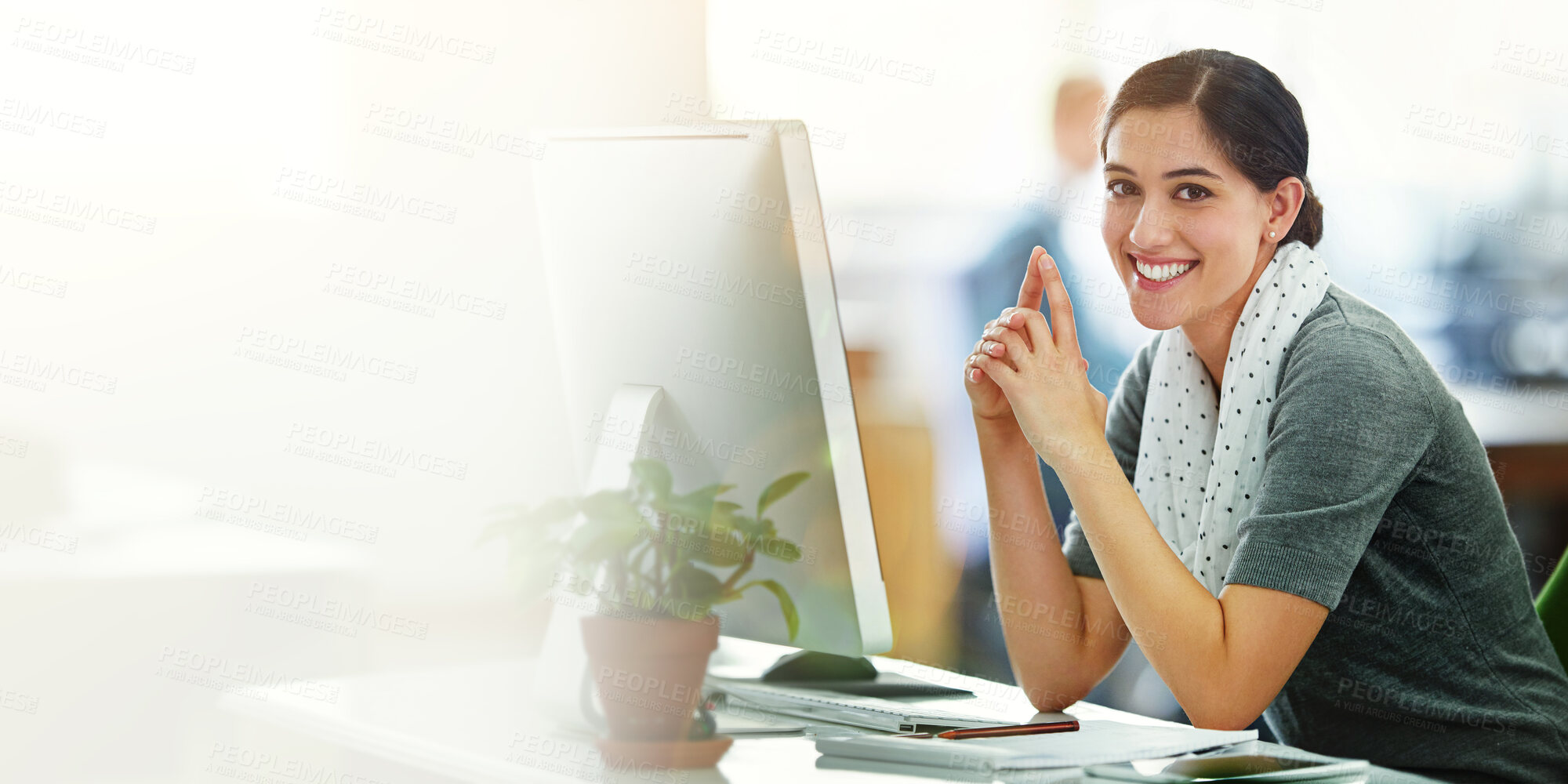 Buy stock photo Office, computer and portrait of woman with smile for digital article, research and communication. Journalist, employee and female person with desktop at work for editing, review or email of feedback