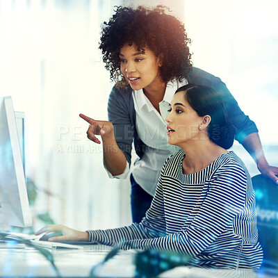 Buy stock photo Women, office and computer for research with teamwork and collaboration as web developers. People, support and learning or help on skill, career and growth for website design on double exposure