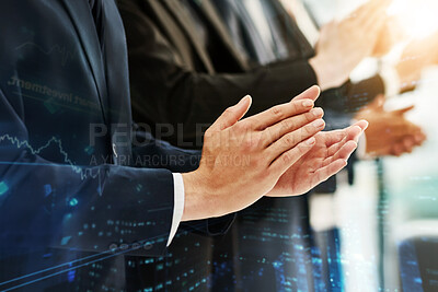 Buy stock photo Business people, hands and clapping for success in office, motivation and support for company win. Employees, applause and solidarity for target or finance goal, celebration and overlay for graph