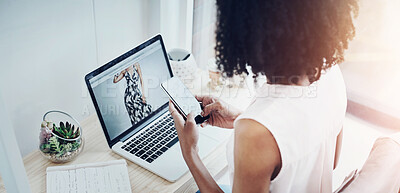 Buy stock photo Laptop screen, phone and fashion woman typing, planning and networking for e commerce, business and creativity. Creative person in rear on mobile app, computer and notebook for clothes design online