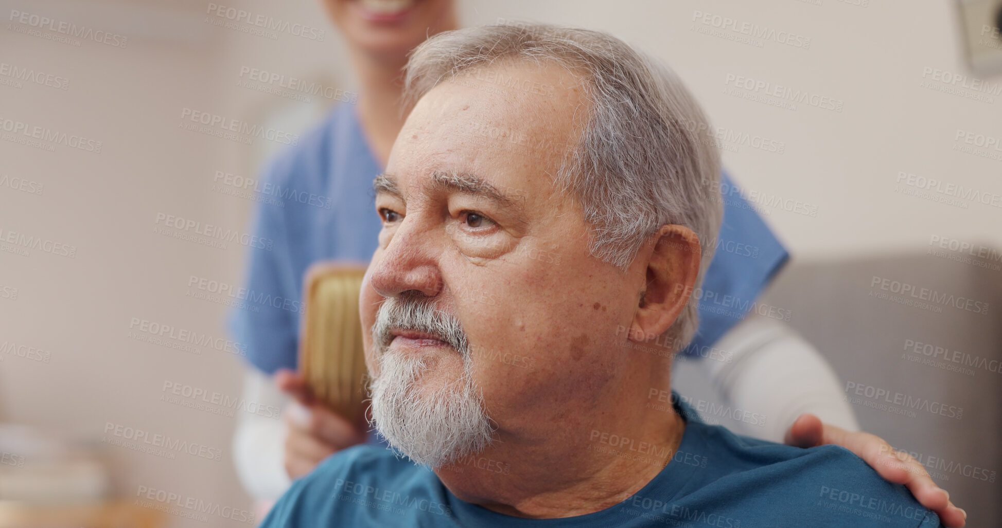 Buy stock photo Nurse, support and elderly man with brush for hair care, assistance and helping hand at home. Professional caregiver, happy and person with conversation for healthcare, help and grooming service