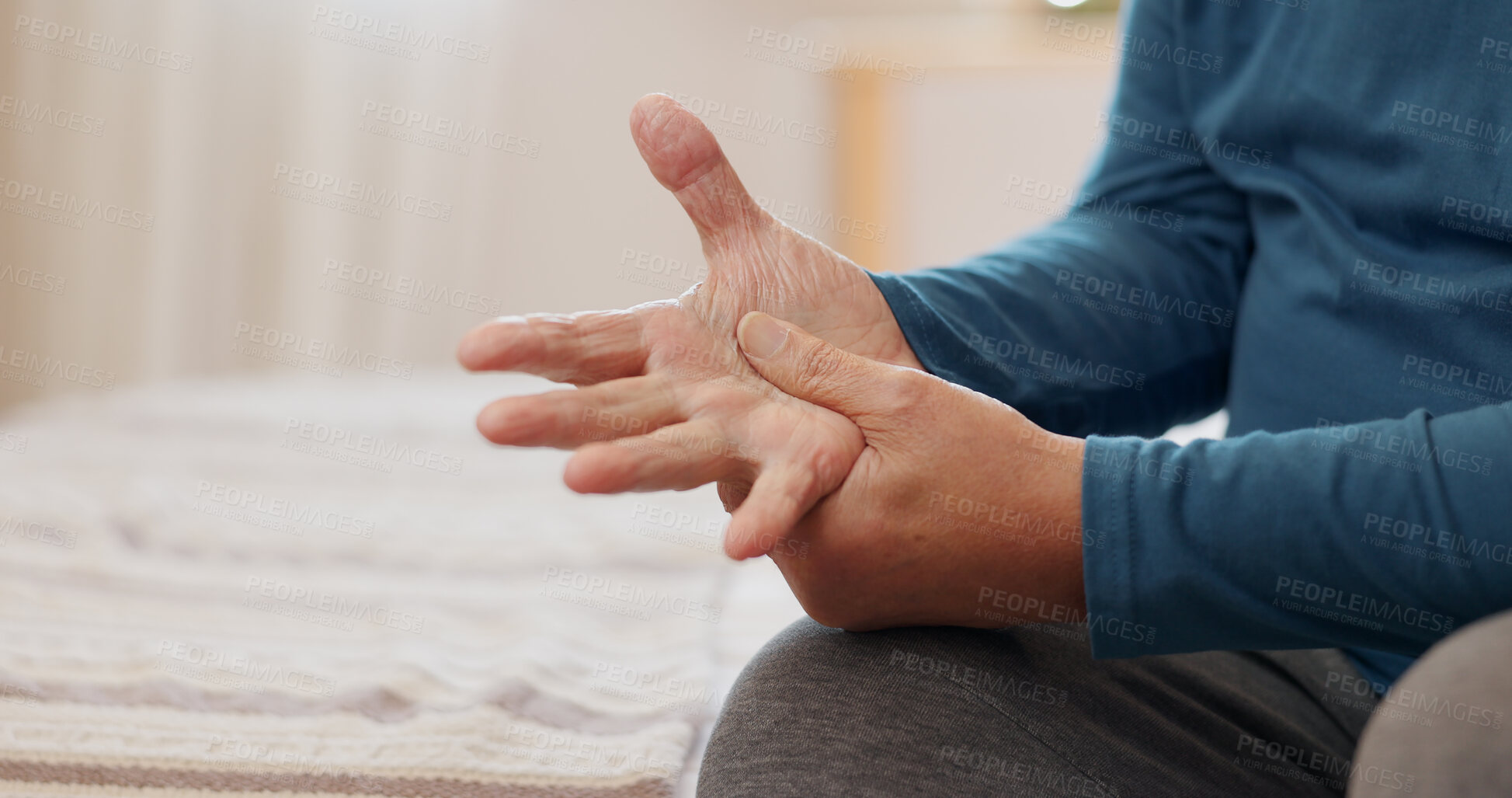 Buy stock photo Senior man, hands and arthritis with joint pain, inflammation or Parkinson disease on bed at home. Closeup of elderly male person with fibromyalgia, injury or sore ache of muscle strain in bedroom