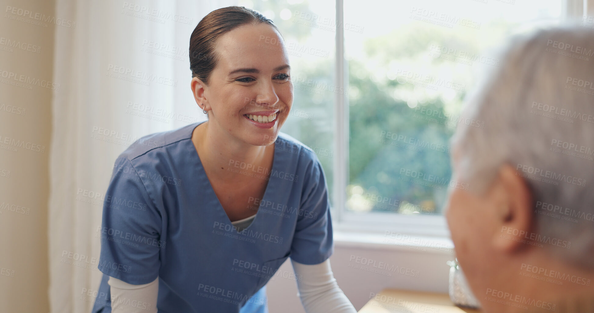 Buy stock photo Old man, nurse and consulting with patient for help, friendly discussion and physiotherapist. Senior man, medical caregiver or advice for recovery, rehabilitation and conversation with smile and joy