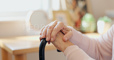 Cane, hands and senior woman with disability, healthcare and support in retirement home. Closeup, elderly patient and walking stick for pensioner with osteoporosis, arthritis and parkinson disease
