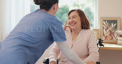 Nurse, support and wheelchair of elderly woman with smile for grooming, kindness and communication. Professional caregiver, happy and person with disability in home for healthcare, service and help