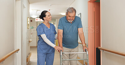 Walking, hospital and nurse with senior man for help, support and care for medical service in clinic. Healthcare, caregiver and worker with patient in hallway for wellness, rehabilitation and nursing