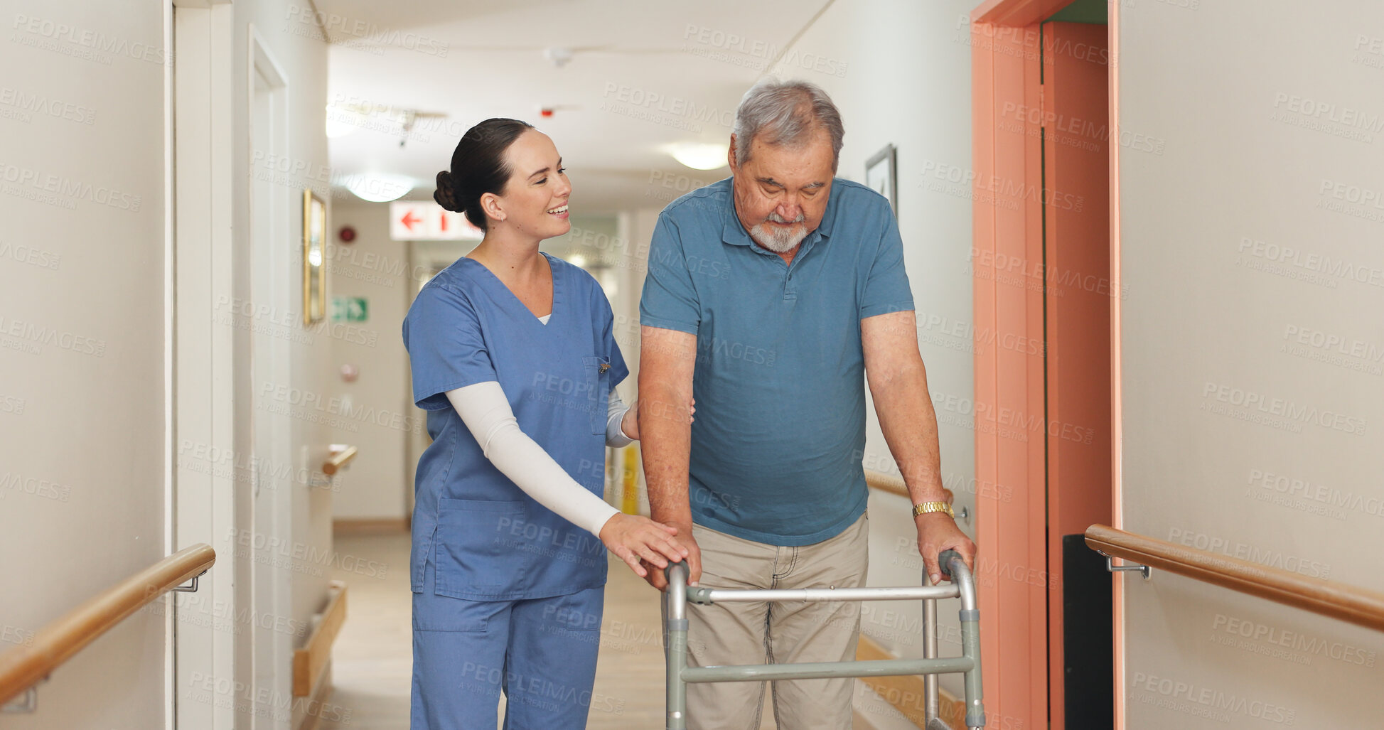 Buy stock photo Walking, hospital and nurse with senior man for help, support and care for medical service in clinic. Healthcare, caregiver and worker with patient in hallway for wellness, rehabilitation and nursing