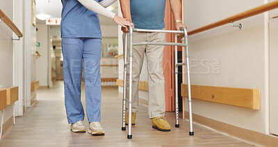 Walking frame, hospital and nurse with patient for help, support and care for medical service. Healthcare, clinic and legs of caregiver with man in corridor for wellness, rehabilitation and nursing