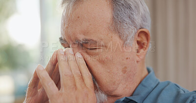 Buy stock photo Burnout, headache and senior man in living room with sickness, exhaustion or stress at home. Tired, migraine and elderly person in retirement with medical emergency for illness in lounge at house.