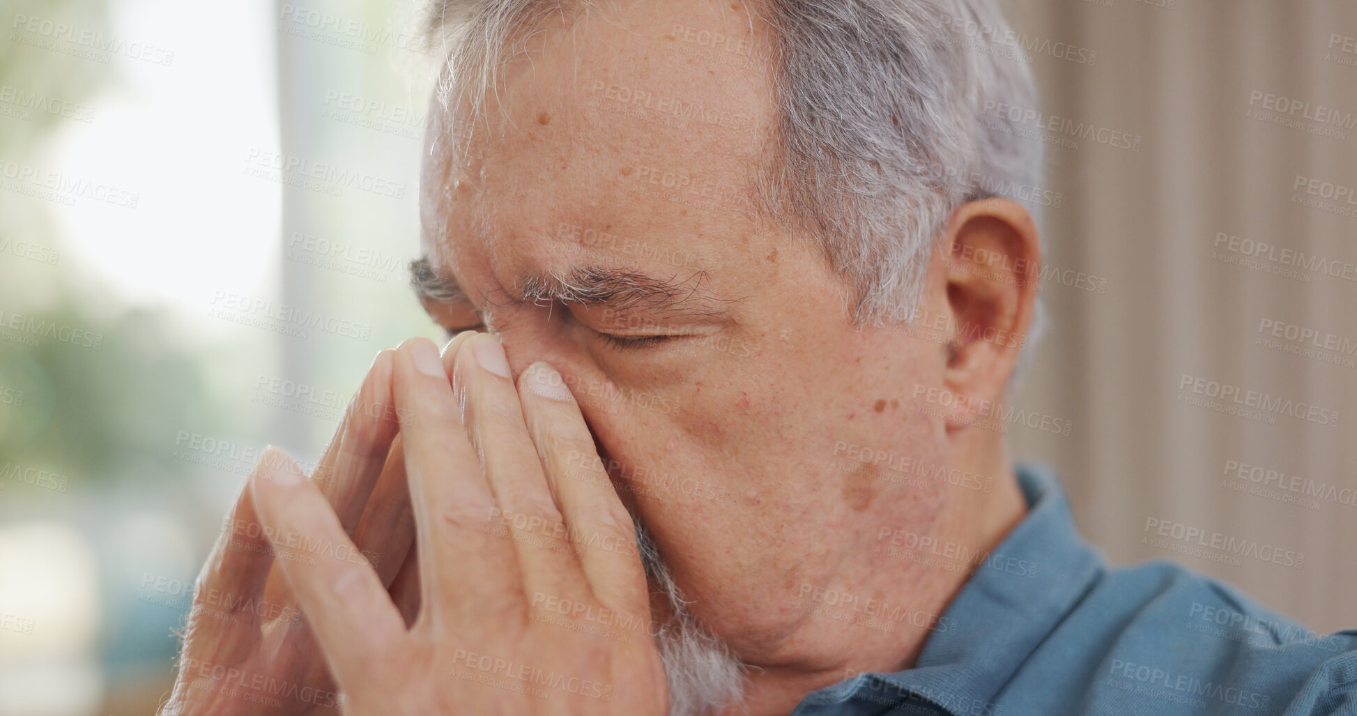 Buy stock photo Burnout, headache and senior man in living room with sickness, exhaustion or stress at home. Tired, migraine and elderly person in retirement with medical emergency for illness in lounge at house.