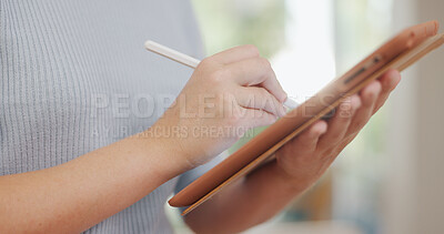 Hands, tablet and writing with stylus for notes in office for business memo or personal assistant. Design, creative and tech with digital drawing with person, precision and ui with closeup of device.
