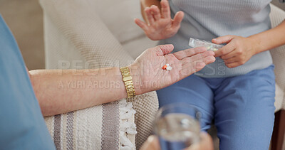 Home, hands and old man with nurse, pills and healthcare with medication, wellness and treatment for recovery. Pensioner, closeup and caregiver with mature patient, tablets and prescription drugs
